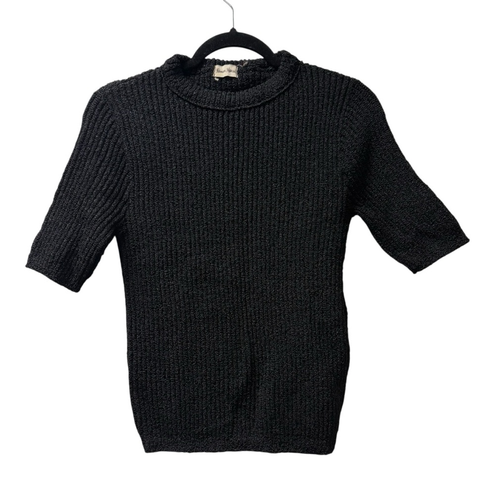Neiman Marcus Black Ribbed Knit Short Sleeve Sweater